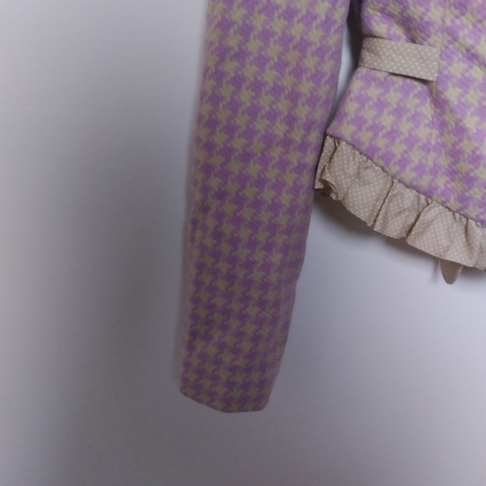 Phoebe x Kay Unger Purple and Tan Houndstooth Ruffle Trim Zip Up Blazer Size 2 - Picture 8 of 16